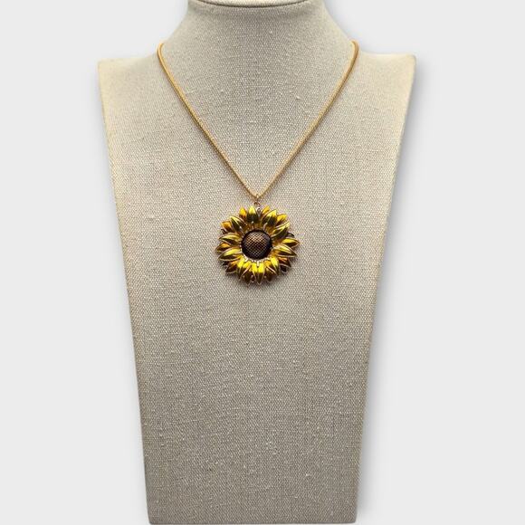 Sunflower Pendant Gold Snake Necklace | Vintage Floral Statement Jewelry - Picture 5 of 7